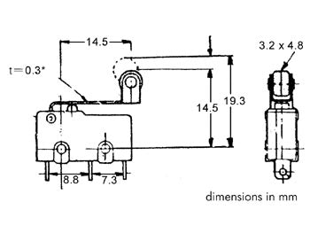 Mikroswitch m. kort rullebolt arm - 3A/250V, ON-(ON), lodde