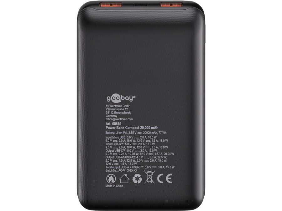 Power Bank Compact 20.000mAh, USB-A QC + USB-C PD (22W)