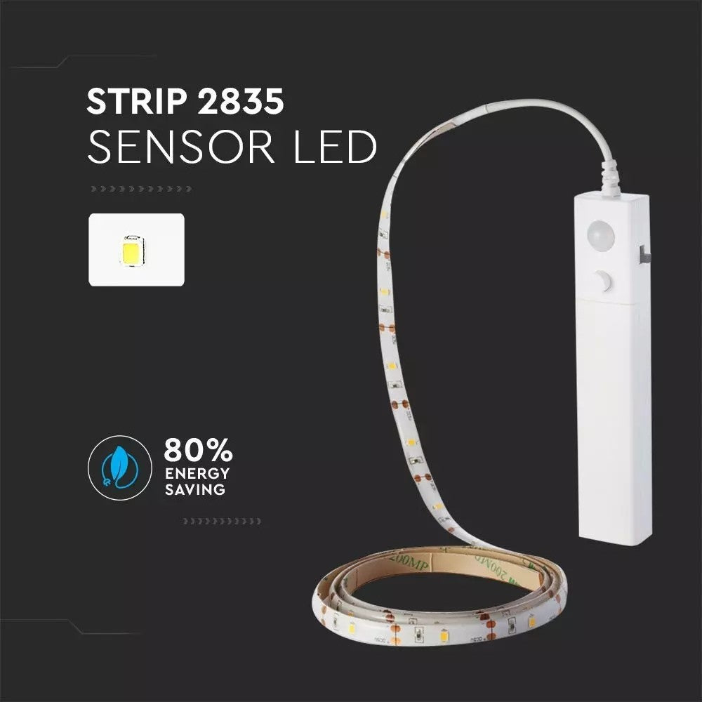 V-Tac 2,4W/m LED strip med PIR sensor, batteri og stænktæt beskyttelse - 1m, 6V, IP65