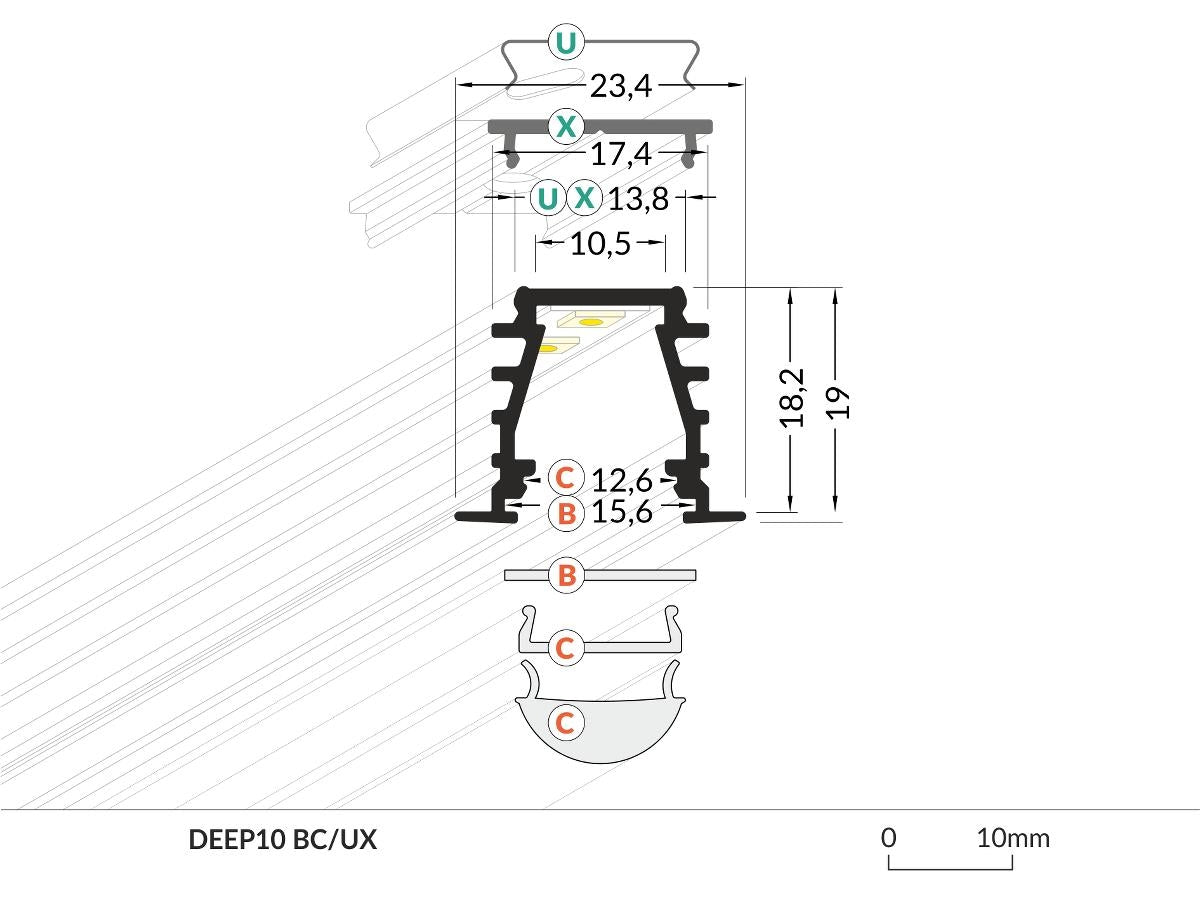 DIOFLEX Hvid alu profil DEEP10 C/UX 1m 23,4x19mm