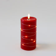 LED Bloklys med lyskæde og flammeeffekt, 15cm høj, rød stearin, fjernbetjening, autentisk udseende