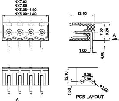 Printfatning til indstik skrueterminal - 2P han 5,08mm, 90°