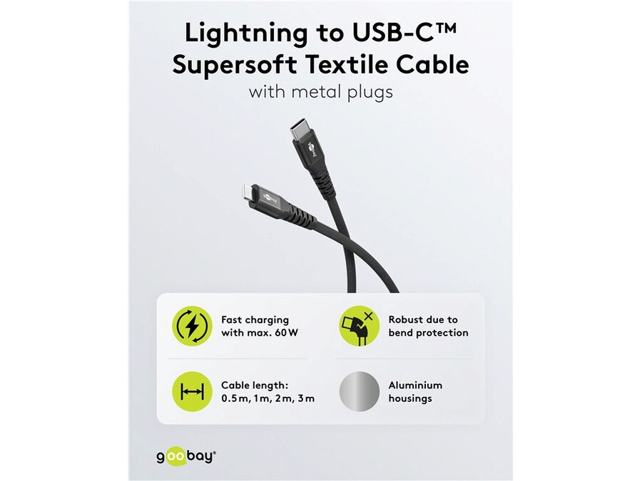 USB-C til Lightning Supersoft PD Tekstilkabel, 3A, Sort (1m)