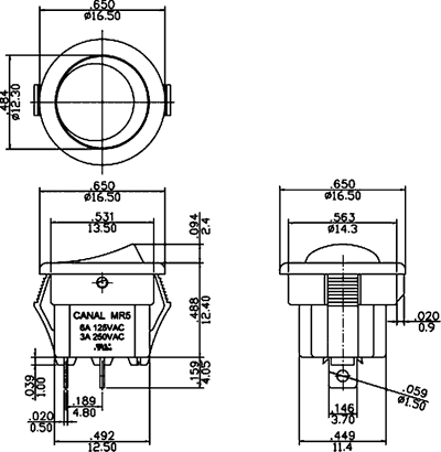 Vippekontakt - 1P OFF-ON, 3A-250V, Sort (Ø15mm hul)