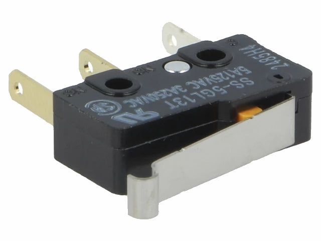 Mikroswitch m. kort arm - 5A/250V, ON-(ON) SPDT, 2,8mm spade
