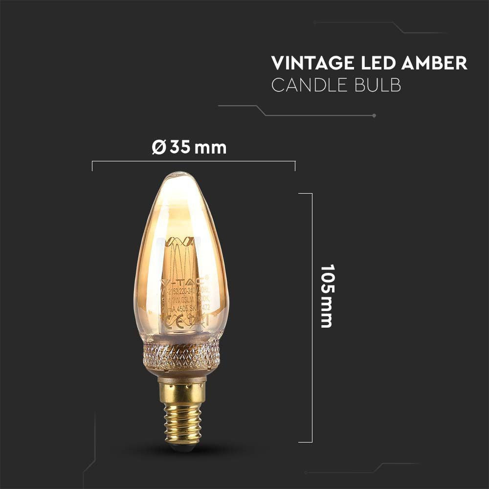 2W LED E14 Kultråd Kertepære, Amber Glas, 1800K - 65lm, RA80