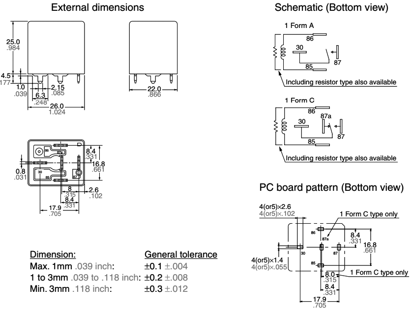 Autorelæ - 12VDC / 40A, printben, 1 x skifte (SPDT)