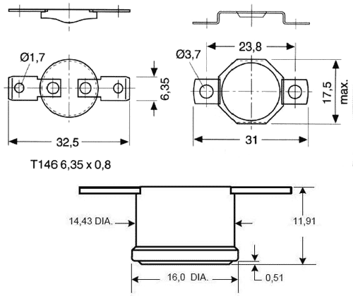 Termostat m. autoreset - NO slår til v. 60°C, 10A