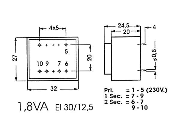 230V printtransformator - 1,8VA 1 x 18V / 100mA