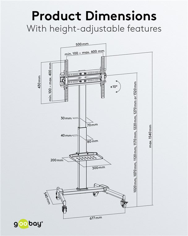 Rullebord m. TV beslag - 37-70" vipbar/højdejustering