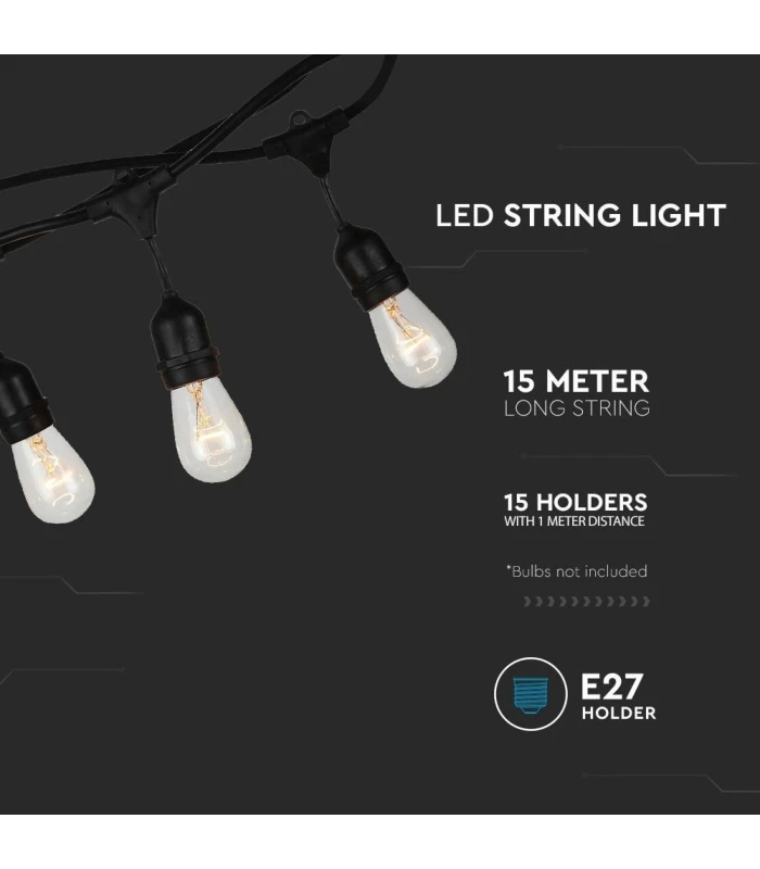 V-Tac Lyskæde til 15 E27 Pærer - 15m, IP54, 230V, Uden Lyskilde