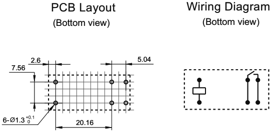 Miniature relæ - 12VDC 16A, 1 x slutte (SPST-NO), 6-ben 5mm