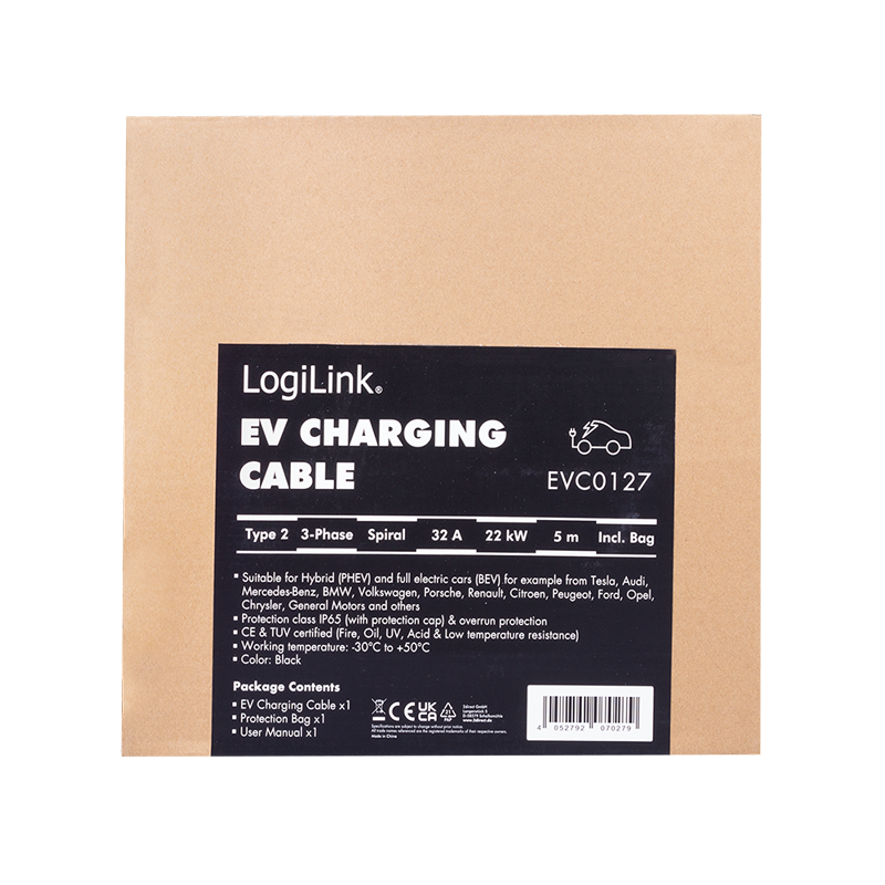 Spiral ladekabel til elbil - 22kW, 32A, 3-faset, type 2 (5m)