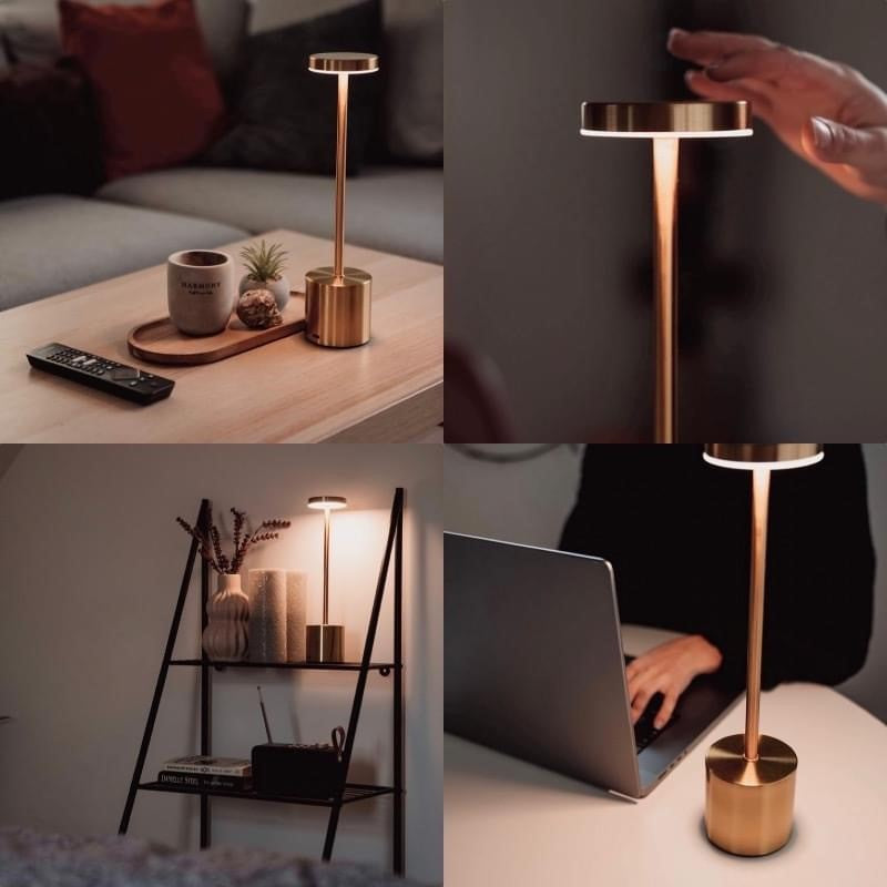 Opladelig LED bordlampe, Guld, touch dæmpbar