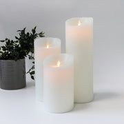 LED Bloklys XL, 3 stk, Ø10cm, 17,5/22,5/30cm høj, bevægelig flamme, hvid - Inkl. fjernbetjening og timer, ægte stearin