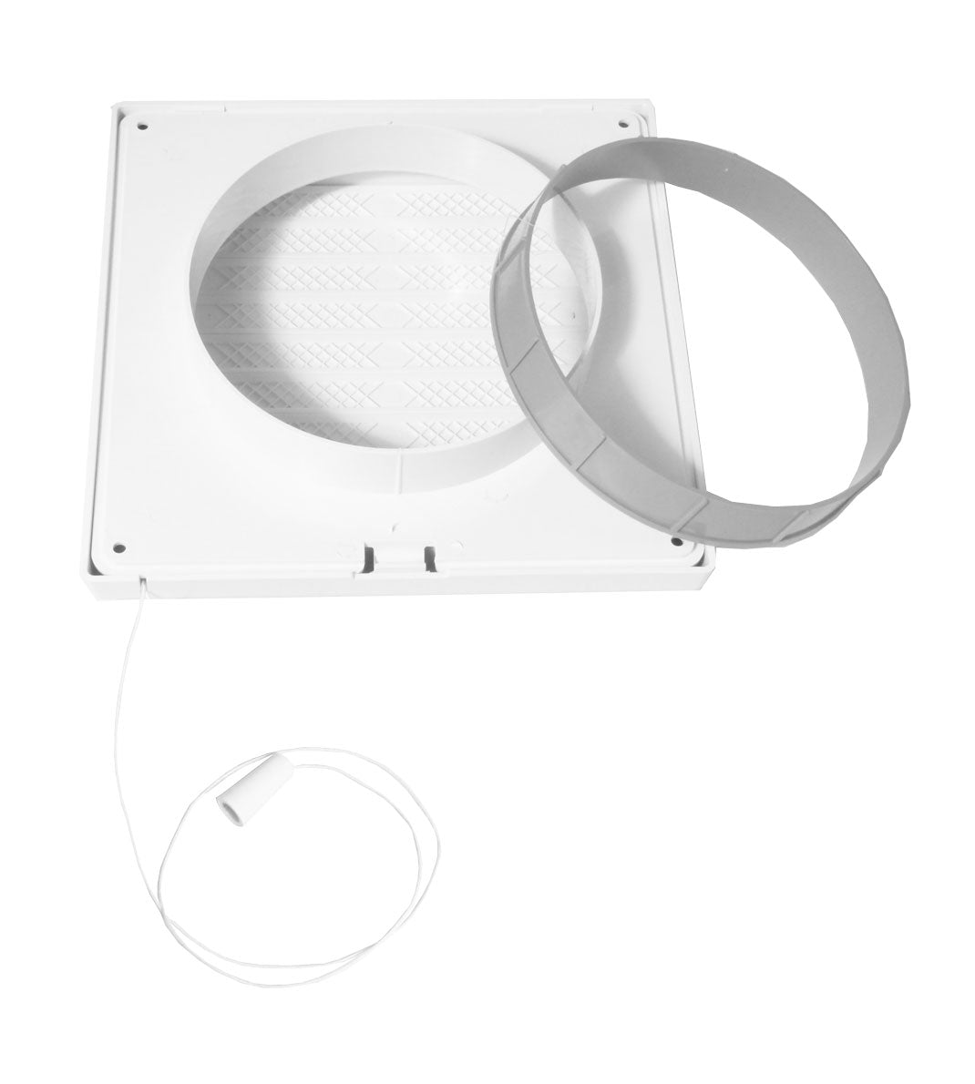 Ventilationsrist m. lukkespjæld - Træksnor, Ø150mm, Hvid