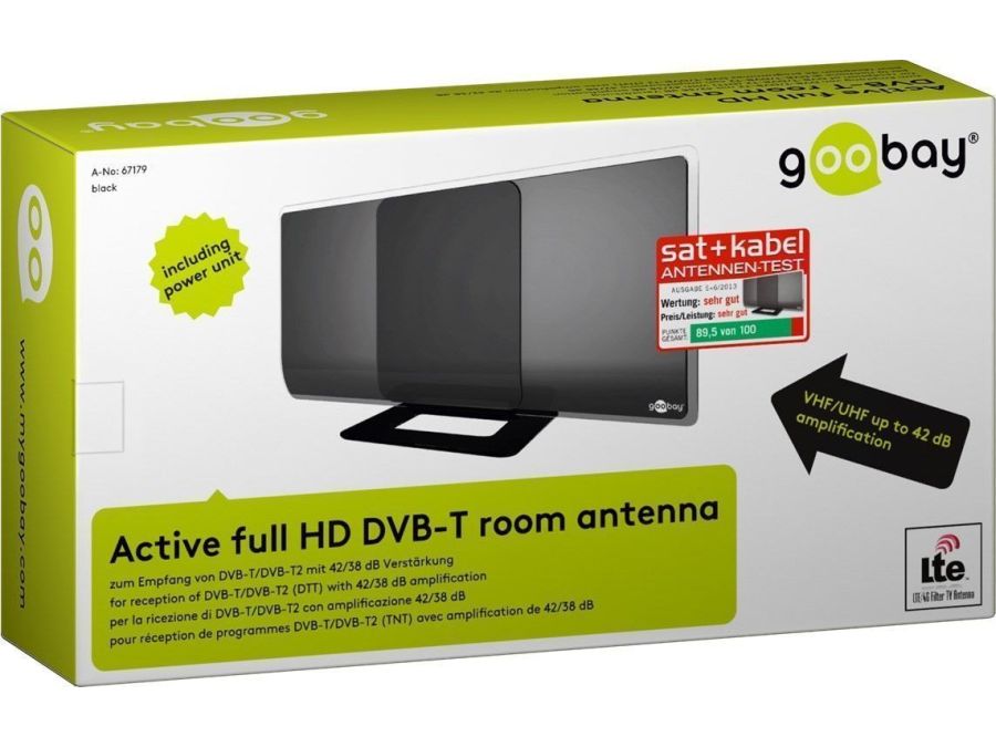 Aktiv indendørs DVB-T antenne - 13dBi forstærkning, Sort