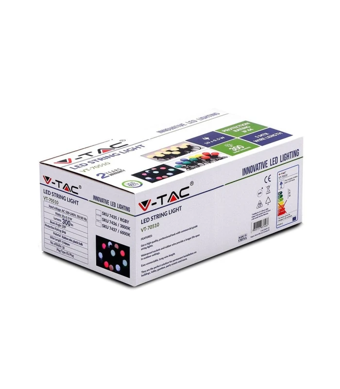 V-Tac LED lyskæde - 10 pærer, 5 meter, IP44, inkl. lyskilde, 5W, 230V, 300lm