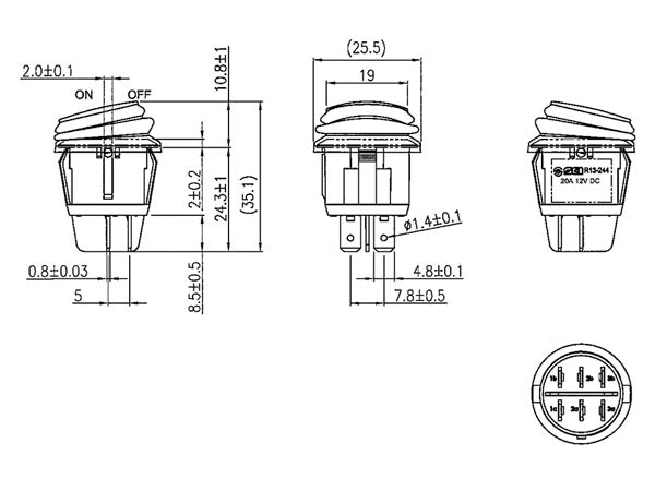 Vippekontakt - 2P OFF-ON (DPST) 20A/12Vdc Rød LED (IP65)