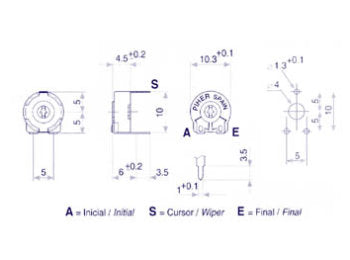 Vandret trimmepotmeter - 2,5kOhm, lille 10mm