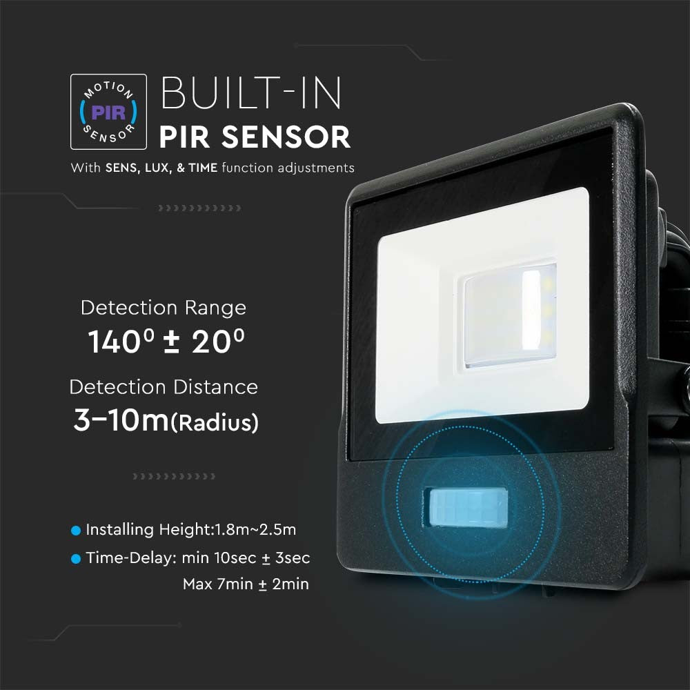 10W LED Projektør med PIR Sensor, Samsung Chip, 4000K, Sort Hus - Energibesparende belysning til udendørs brug
