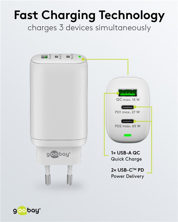 USB-C PD netadapter - 1xUSB-A, 2xUSB-C, 65W/3A, Hvid