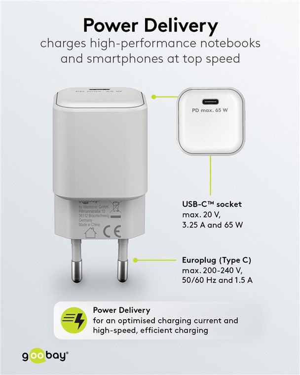 USB-C PD netadapter - 1xUSB-C, 65W/3,25A, Hvid