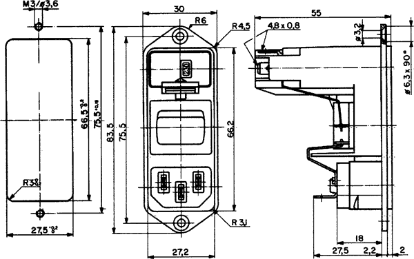 Apparatfatning m. kontakt - C14 han 250VAC 10A