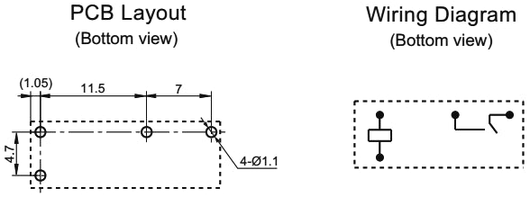 Miniature relæ - 12VDC / 5A, 1 x slutte (SPST-NO), 4-ben 7mm