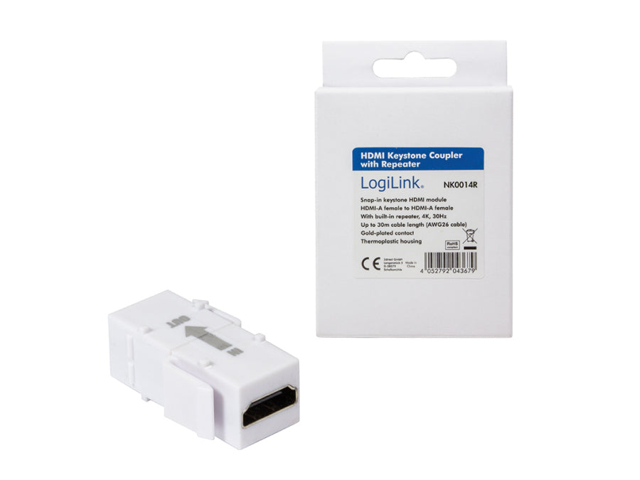 Keystone HDMI stik - 2 x HDMI hun, m. repeater, Hvid