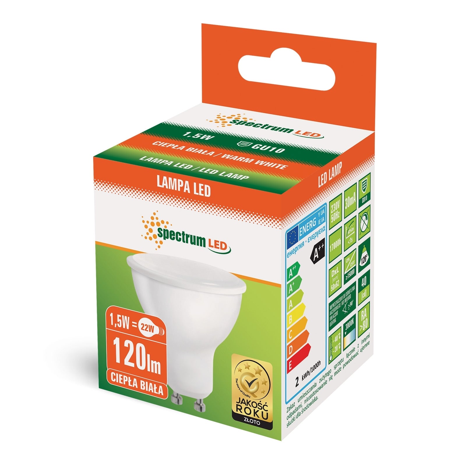 1,5W LED pære GU10 3000K 120Lm