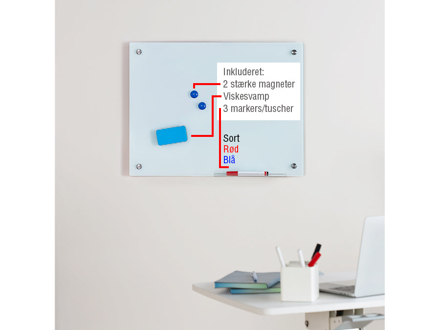Magnetisk glas whiteboard - vægmont., rammeløs (60 x 90cm)