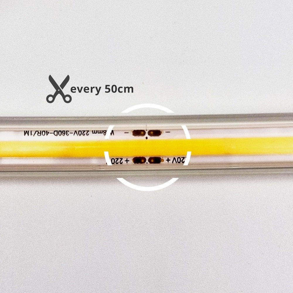 5 m. Vandtæt COB Strip - 230V, IP67, 360 LED, 10W/m, Kan Klippes