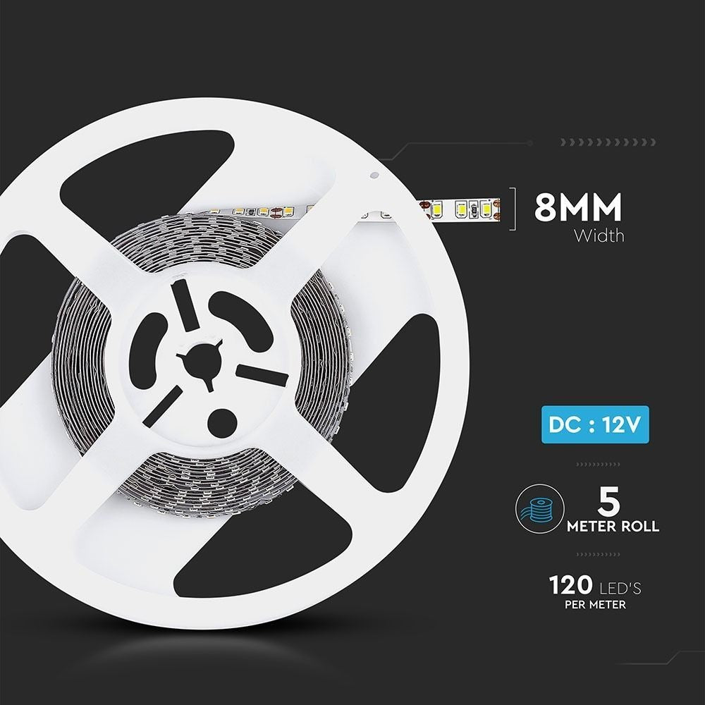 V-Tac 7,2W/m LED strip 8mm bred - 5m, 120 LED pr. meter (800lm/m, RA80)