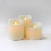 LED Bloklys med bevægelig flamme, hvid, Ø10cm, 3 stk, inkl. fjernbetjening og timer, ægte stearin