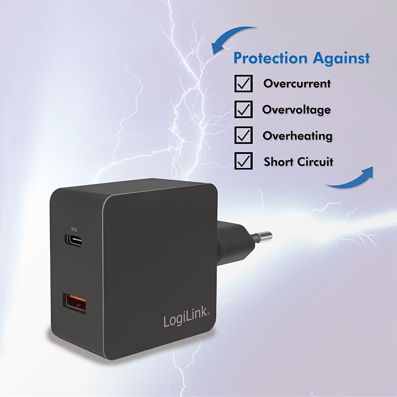 USB netadapter - 1xUSB-C PD (18W) + 1xUSB-A, Sort (3A)