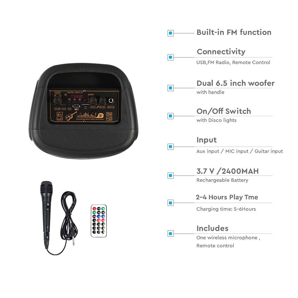 400W Genopladelig Højttaler med 1 Trådet Mikrofon, RF Kontrolhåndtag og 2x6.5 Tommer Woofer