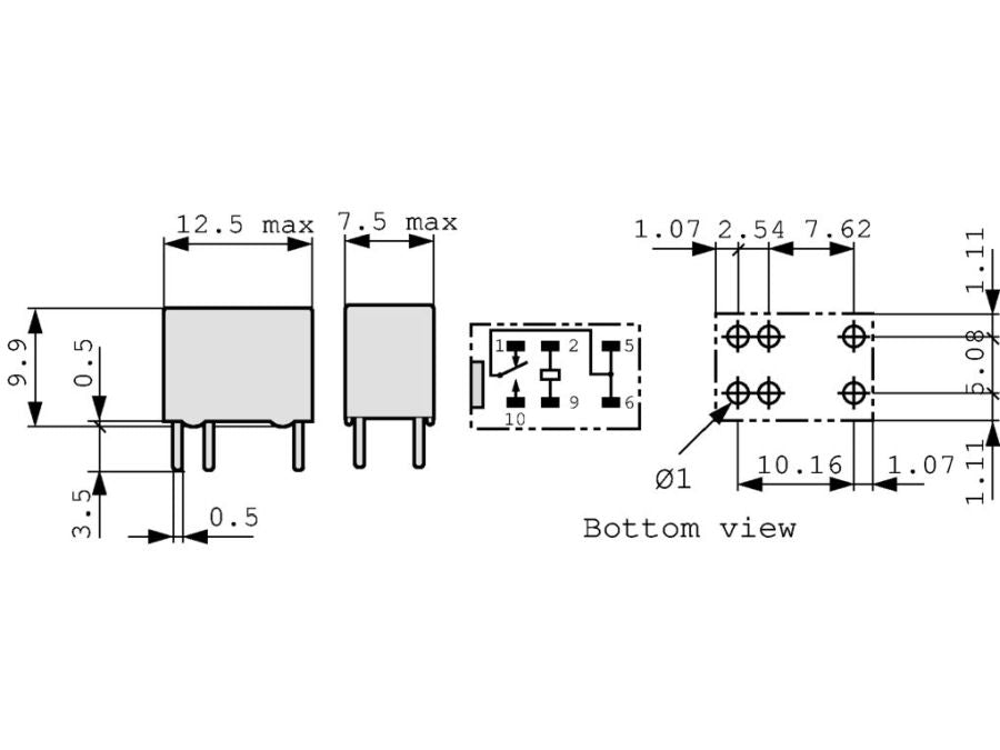 Miniature relæ - 12VDC 1A, 1 x skifte (SPDT), 6-ben 2,54mm