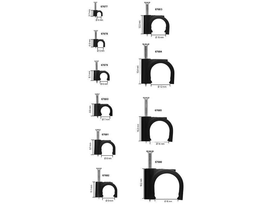 Kabelsøm-clips - Rund Ø5-7mm, Sort (100 stk. box)