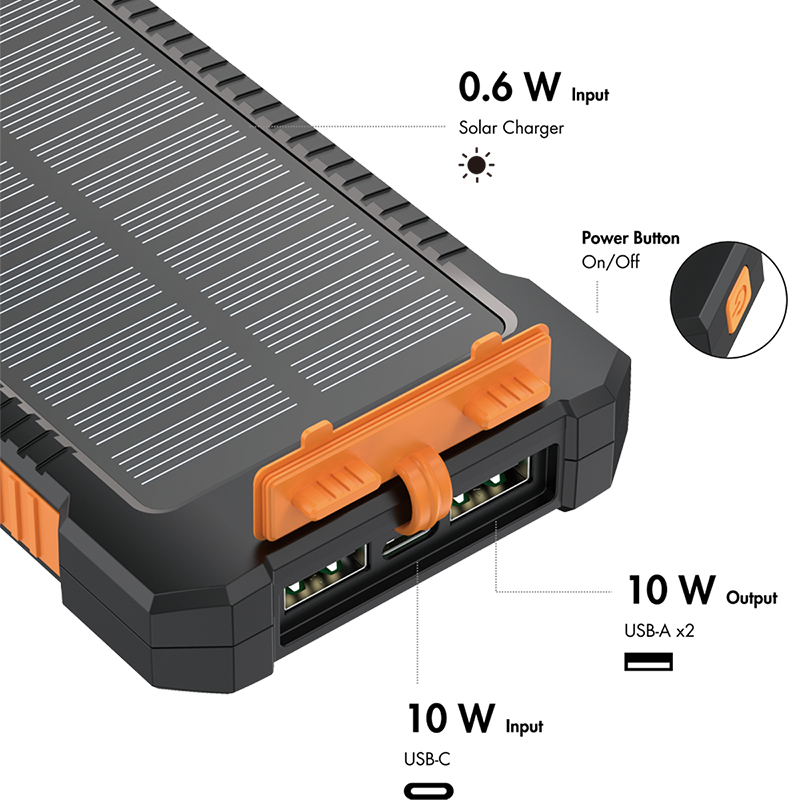 Powerbank m. solcelle og lygte - 8.000mAh, Sort