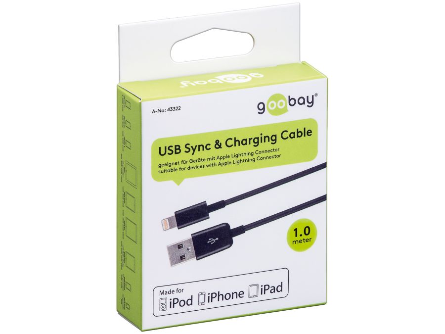 USB 2.0 til Lightning opladnings- og data kabel, Sort (1m)
