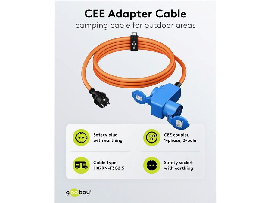 CEE adapterkabel - CEE7/7 han til CEE 3P hun + 1xJord (1,5m)