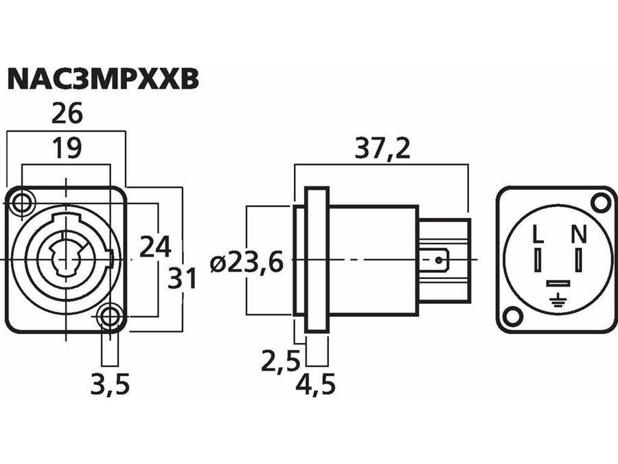 PowerCon 3pol chasisbøsning, strøm-ud, grå
