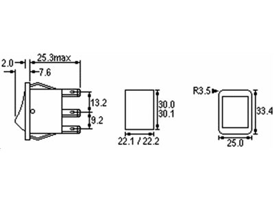 Vippekontakt - 2P OFF-ON, 250V/16A, Sort (30x22mm)