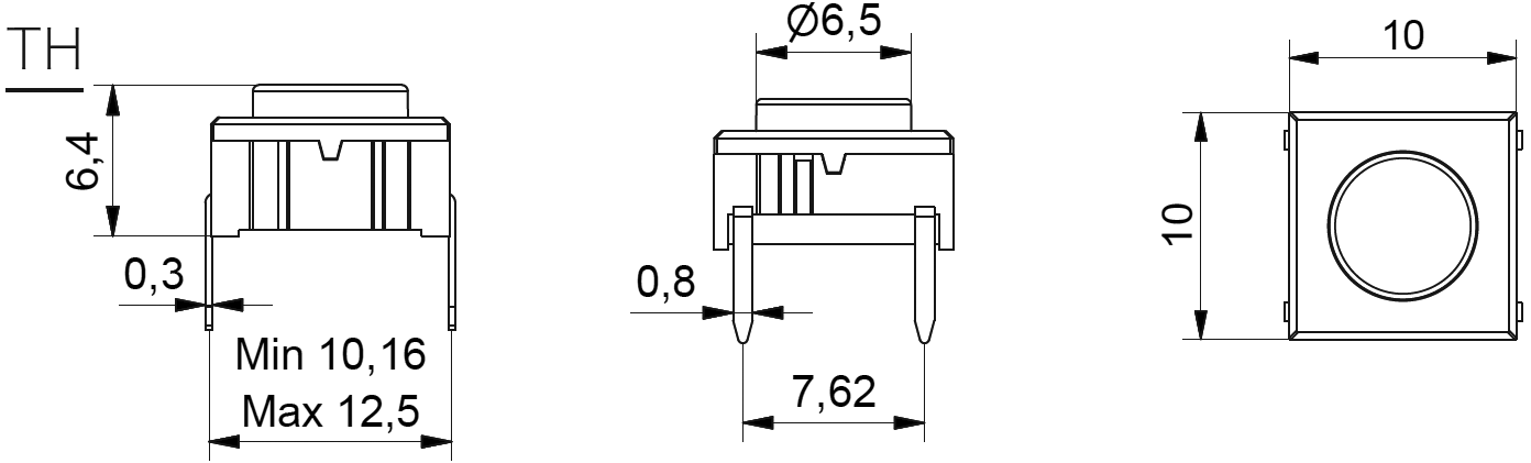 TACT mikrotrykkontakt - 10x10mm, H=6,4mm