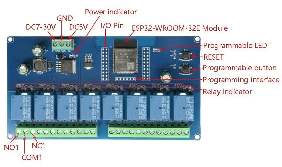 ESP32-WROOM Wi-Fi BLE Relæmodul, 8 kanaler, 5-30Vdc