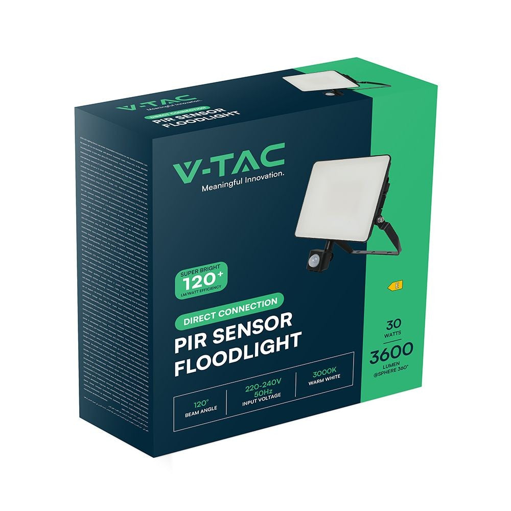 V-Tac 30W LED sensor projektør med hurtig connector, 120lm/w, sort - Effektiv belysning med bevægelsessensor