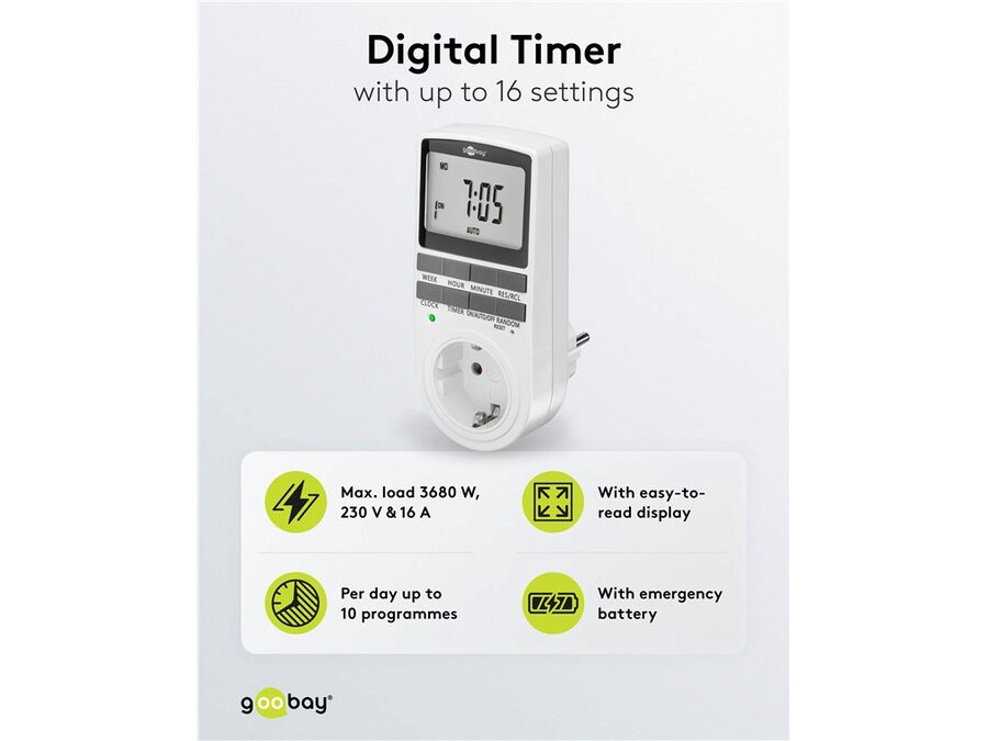 Digital Timer - Programmerbar, CEE7/4 udtag, Hvid