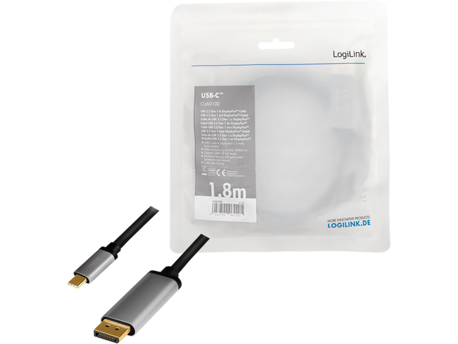 USB-C (han) til DisplayPort (han) kabel, 4K, Alu.sort (1,8m)