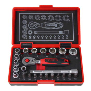 Topnøglesæt Tecos T-0623M, 1/4", 4-13 mm, finmekaniker, 24 dele